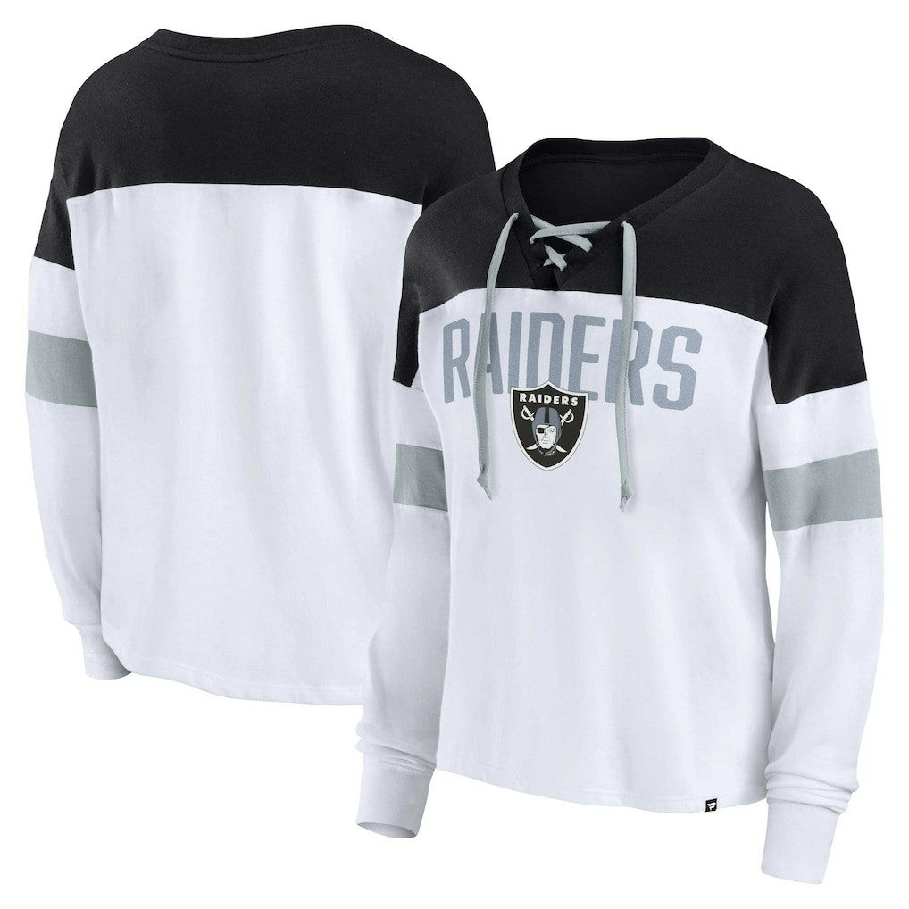 Las Vegas Raiders Women's Plus Size Even Match Lace-Up Long Sleeve V-Neck Top | NFL Hot