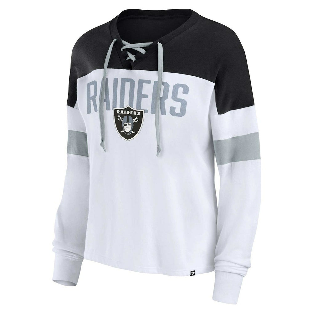 Las Vegas Raiders Women's Plus Size Even Match Lace-Up Long Sleeve V-Neck Top | NFL Hot