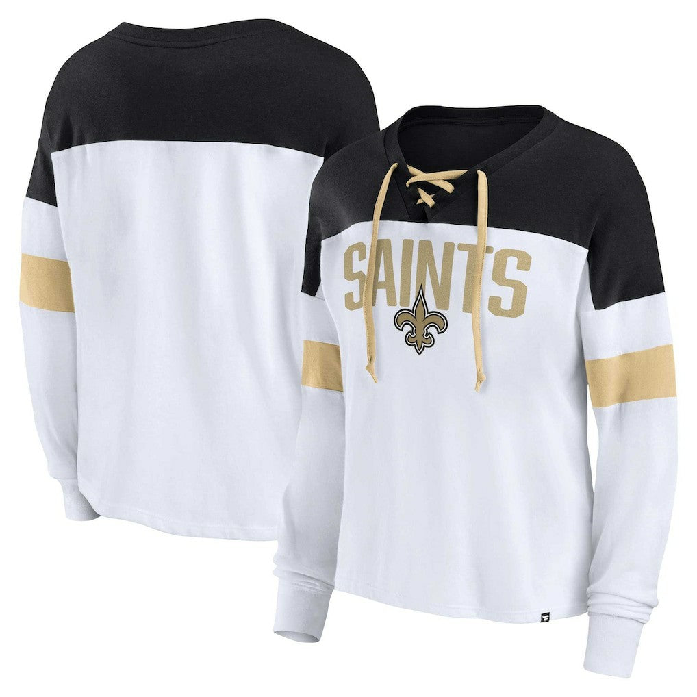 New Orleans Saints Women's Plus Size Even Match Lace-Up Long Sleeve V-Neck Top | NFL Discount