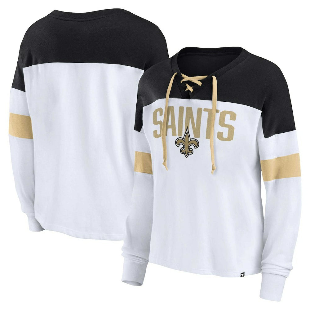 New Orleans Saints Women's Plus Size Even Match Lace-Up Long Sleeve V-Neck Top | NFL Discount