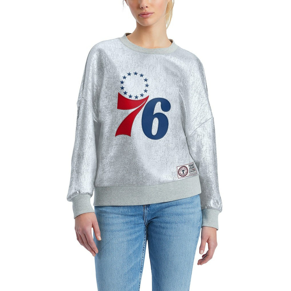 Silver Philadelphia 76ers Tommy Jeans Women's Tracy Pullover Sweatshirt | NBA
