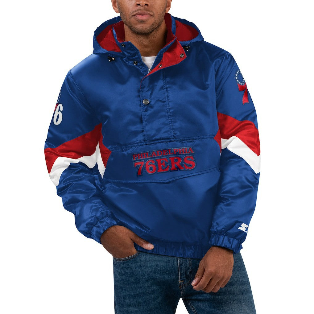 Royal Philadelphia 76ers Starter Force Play Satin Hoodie Half-Zip Jacket | NBA