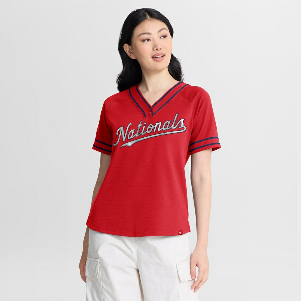 Washington Nationals Fanatics Women's Diva Race Ahead Raglan V-Neck T-Shirt - MLB T-shirts