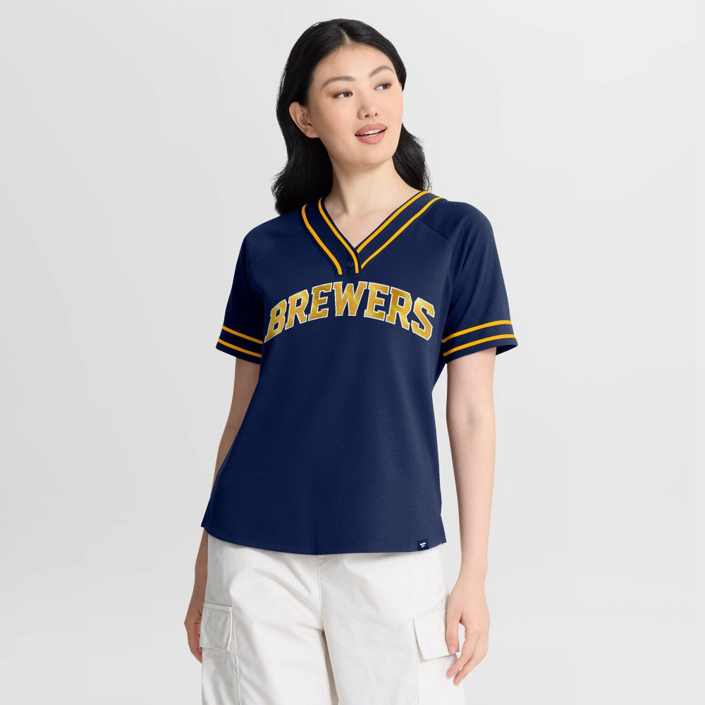 Milwaukee Brewers Fanatics Women's Diva Race Ahead Raglan V-Neck T-Shirt - MLB T-shirts