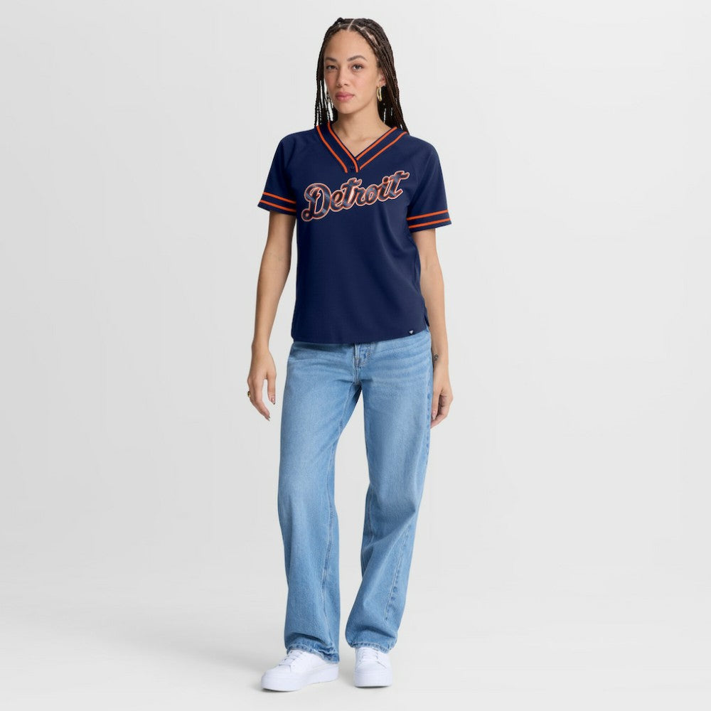 Detroit Tigers Fanatics Women's Diva Race Ahead Raglan V-Neck T-Shirt - MLB T-shirts