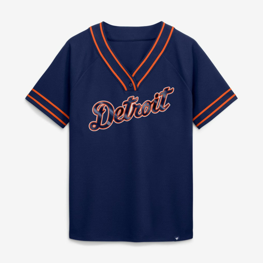 Detroit Tigers Fanatics Women's Diva Race Ahead Raglan V-Neck T-Shirt - MLB T-shirts