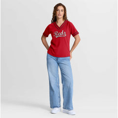 Cincinnati Reds Fanatics Women's Diva Race Ahead Raglan V-Neck T-Shirt - MLB T-shirts