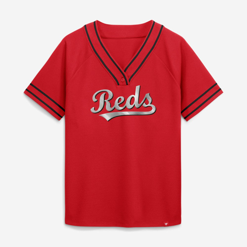 Cincinnati Reds Fanatics Women's Diva Race Ahead Raglan V-Neck T-Shirt - MLB T-shirts