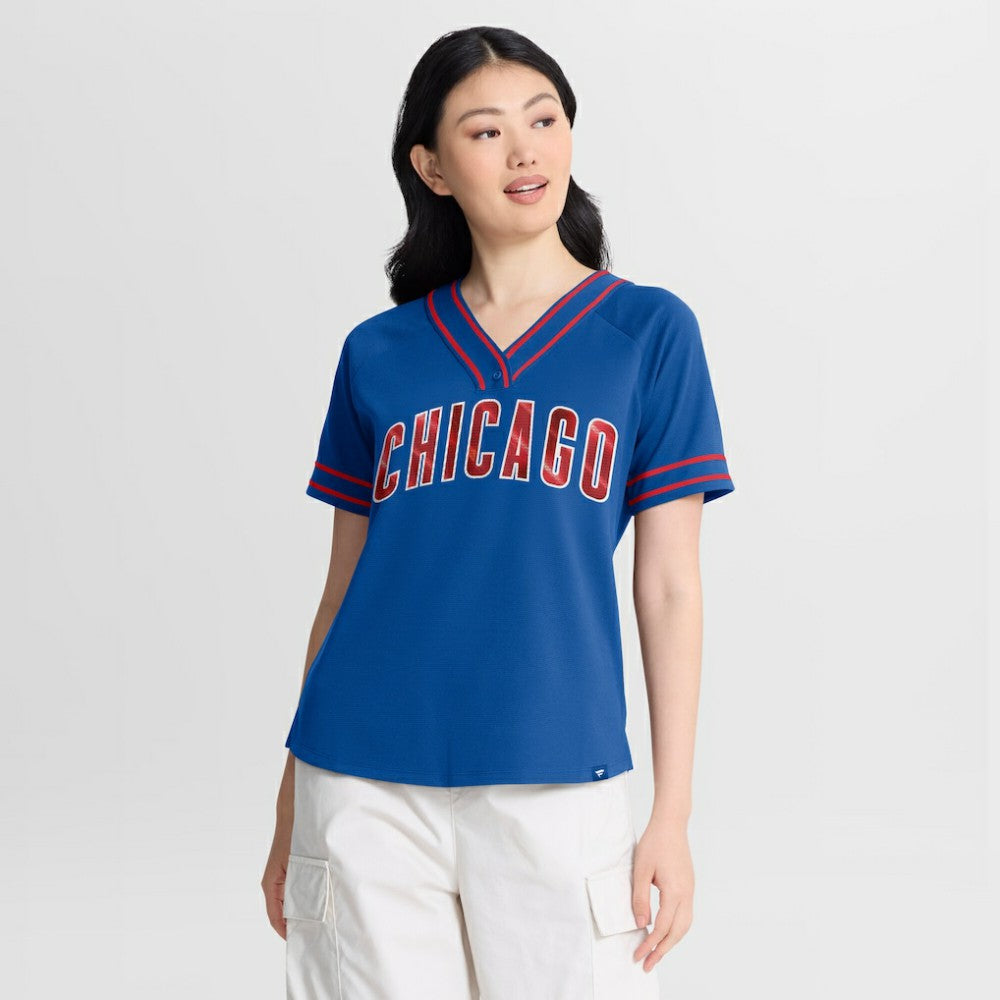Chicago Cubs Fanatics Women's Diva Race Ahead Raglan V-Neck T-Shirt - MLB T-shirts
