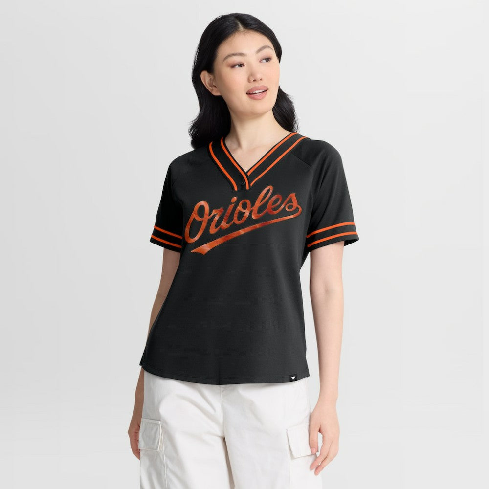 Baltimore Orioles Fanatics Women's Diva Race Ahead Raglan V-Neck T-Shirt - MLB T-shirts