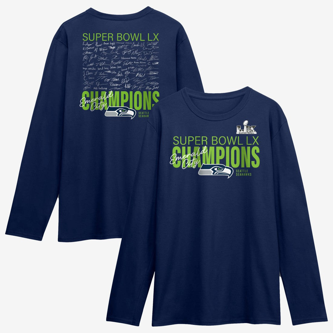 Seattle Seahawks Super Bowl LX Champions Autograph Signing Long Sleeve Roster T-Shirt | NFL Hot