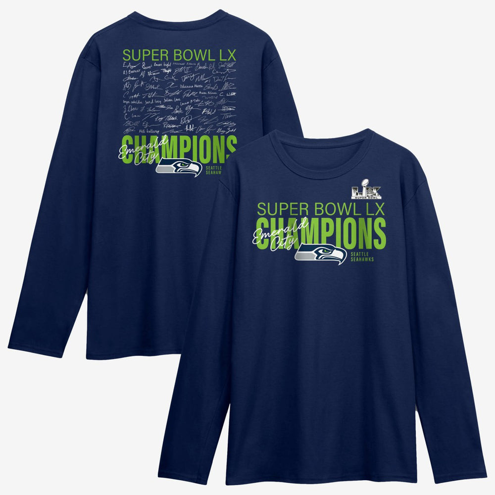 Seattle Seahawks Super Bowl LX Champions Autograph Signing Long Sleeve Roster T-Shirt | NFL Hot