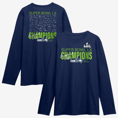 Seattle Seahawks Super Bowl LX Champions Autograph Signing Long Sleeve Roster T-Shirt | NFL Hot