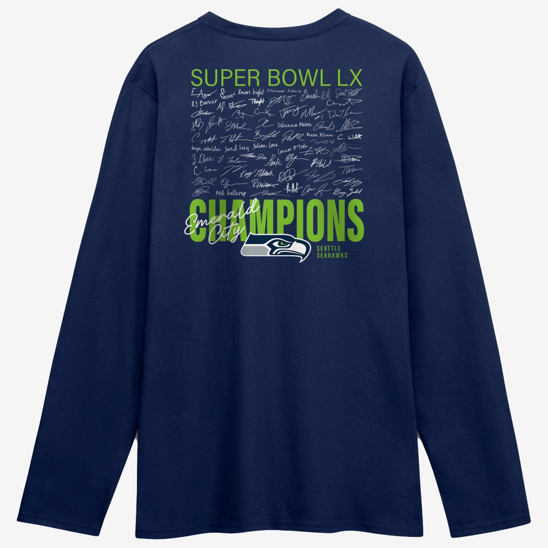 Seattle Seahawks Super Bowl LX Champions Autograph Signing Long Sleeve Roster T-Shirt | NFL Hot