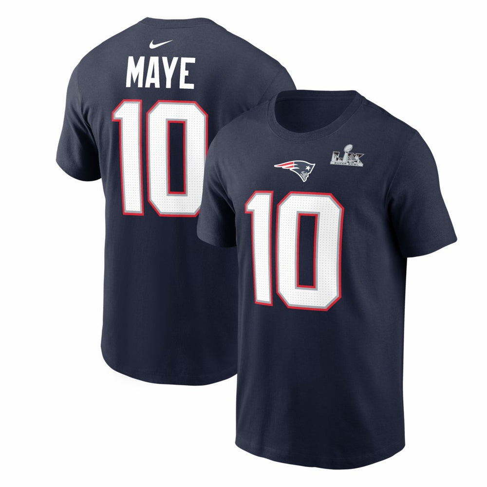 New England Patriots Drake Maye  Super Bowl LX Patch Name & Number T-Shirt | NFL On sale