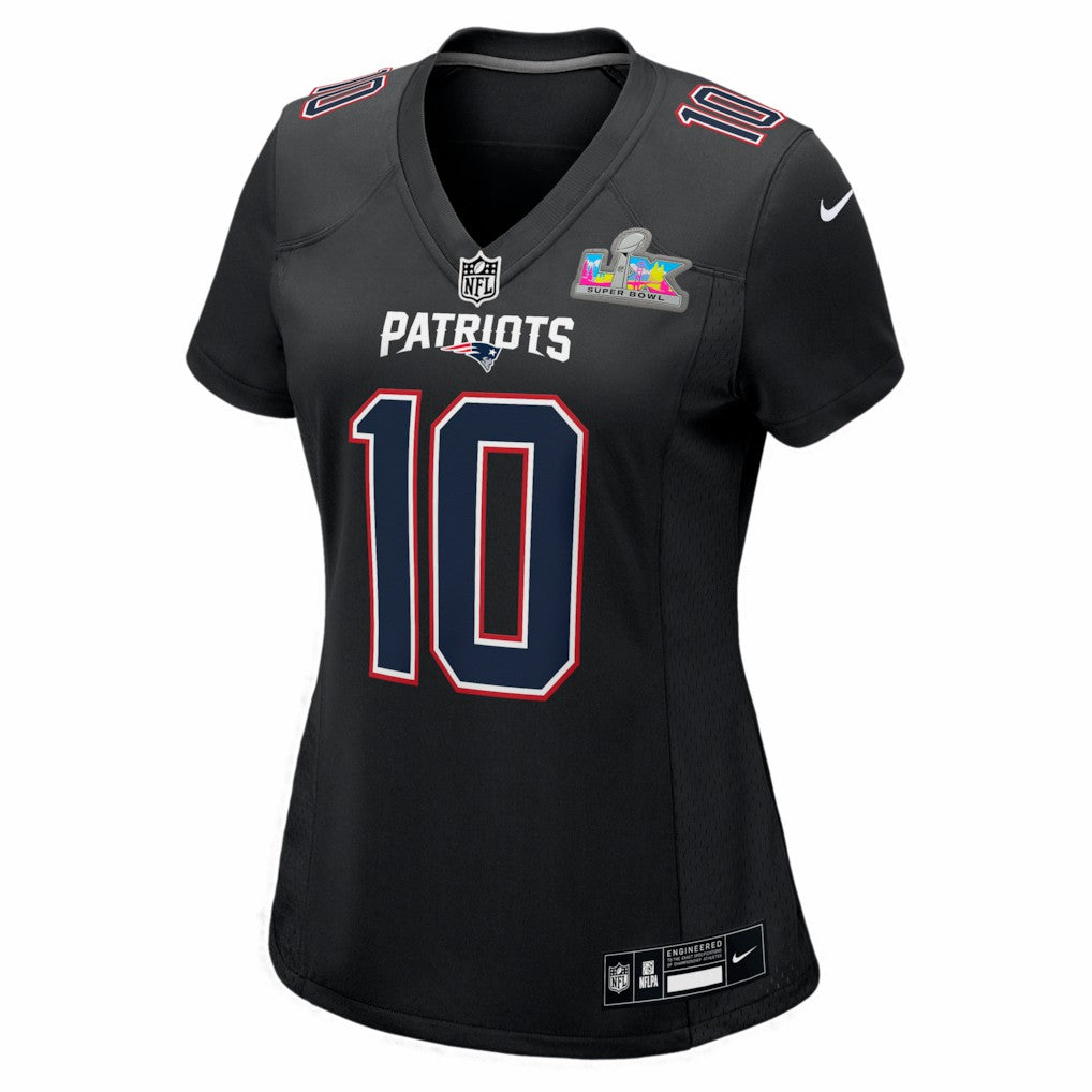 New England Patriots Drake Maye  Women's Super Bowl LX Patch Carbon Fashion Game Jersey | NFL Discount