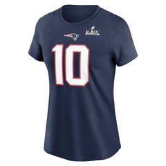 New England Patriots Drake Maye  Women's Super Bowl LX Patch Name & Number T-Shirt | NFL Outlet