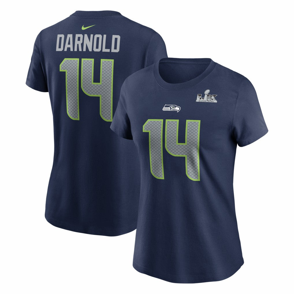Seattle Seahawks Sam Darnold  Women's Super Bowl LX Patch Name & Number T-Shirt | NFL Outlet