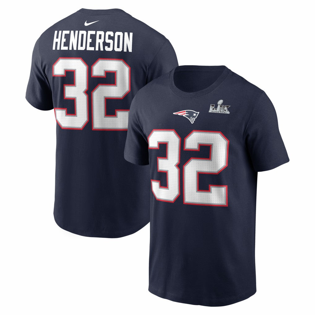 New England Patriots TreVeyon Henderson  Super Bowl LX Patch Name & Number T-Shirt | NFL Online