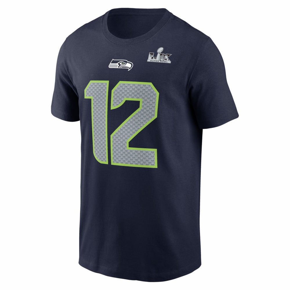 Seattle Seahawks 12s  Super Bowl LX Patch Name & Number T-Shirt | NFL Discount