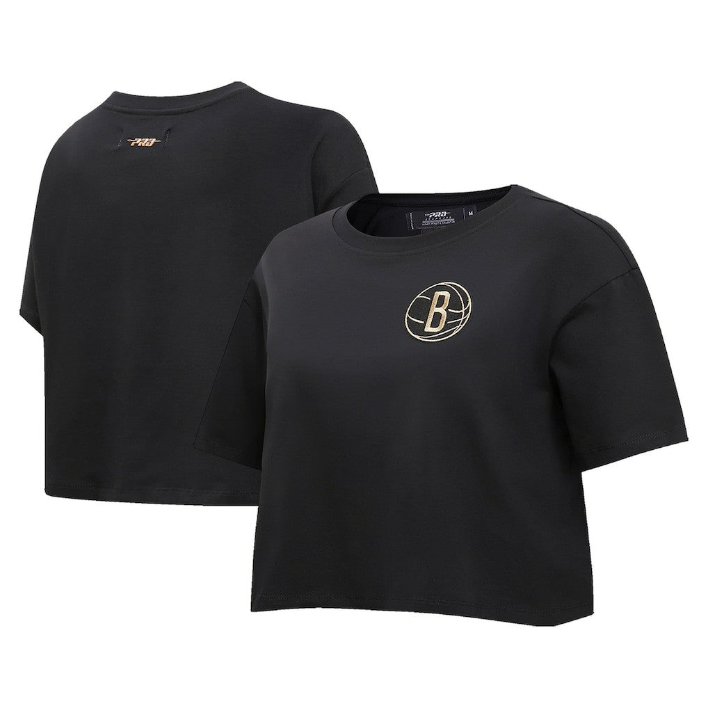 Black Brooklyn Nets Pro Standard Women's Holiday Glam Boxy T-Shirt | NBA