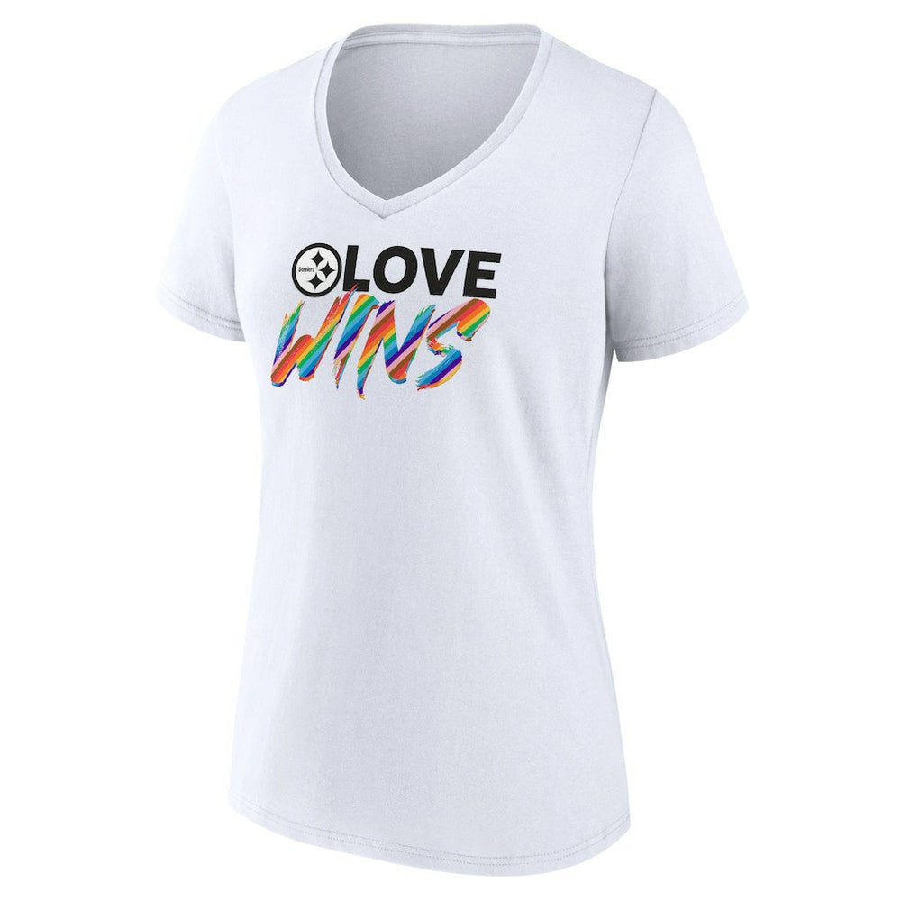 Pittsburgh Steelers Women's Love Wins V-Neck T-Shirt | NFL Outlet