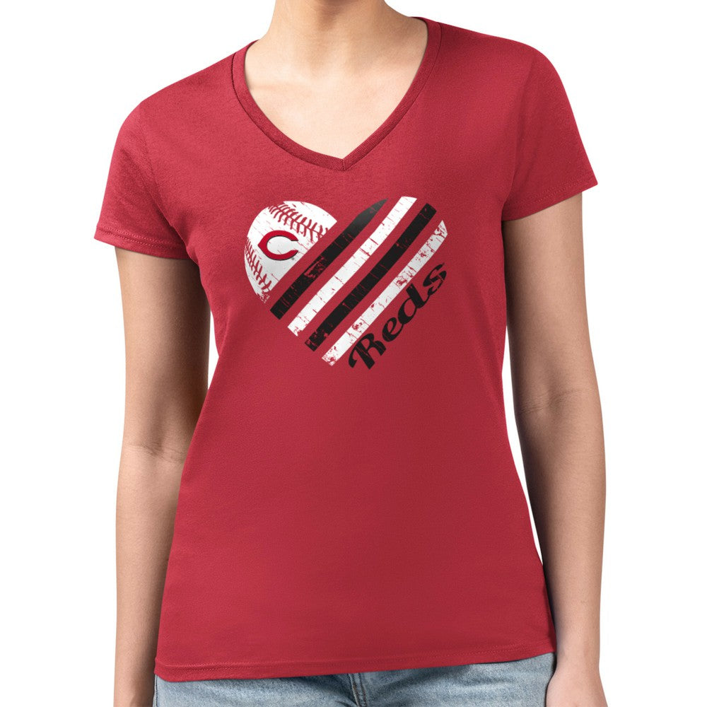 Cincinnati Reds G-III 4Her by Carl Banks Women's Super-Slim Fit Lightweight Heart V-Neck T-Shirt - MLB T-shirts