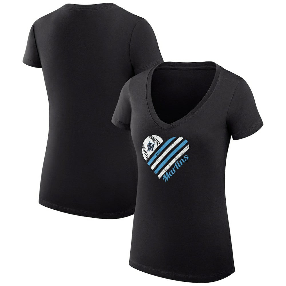 Miami Marlins G-III 4Her by Carl Banks Women's Super-Slim Fit Lightweight Heart V-Neck T-Shirt - MLB T-shirts