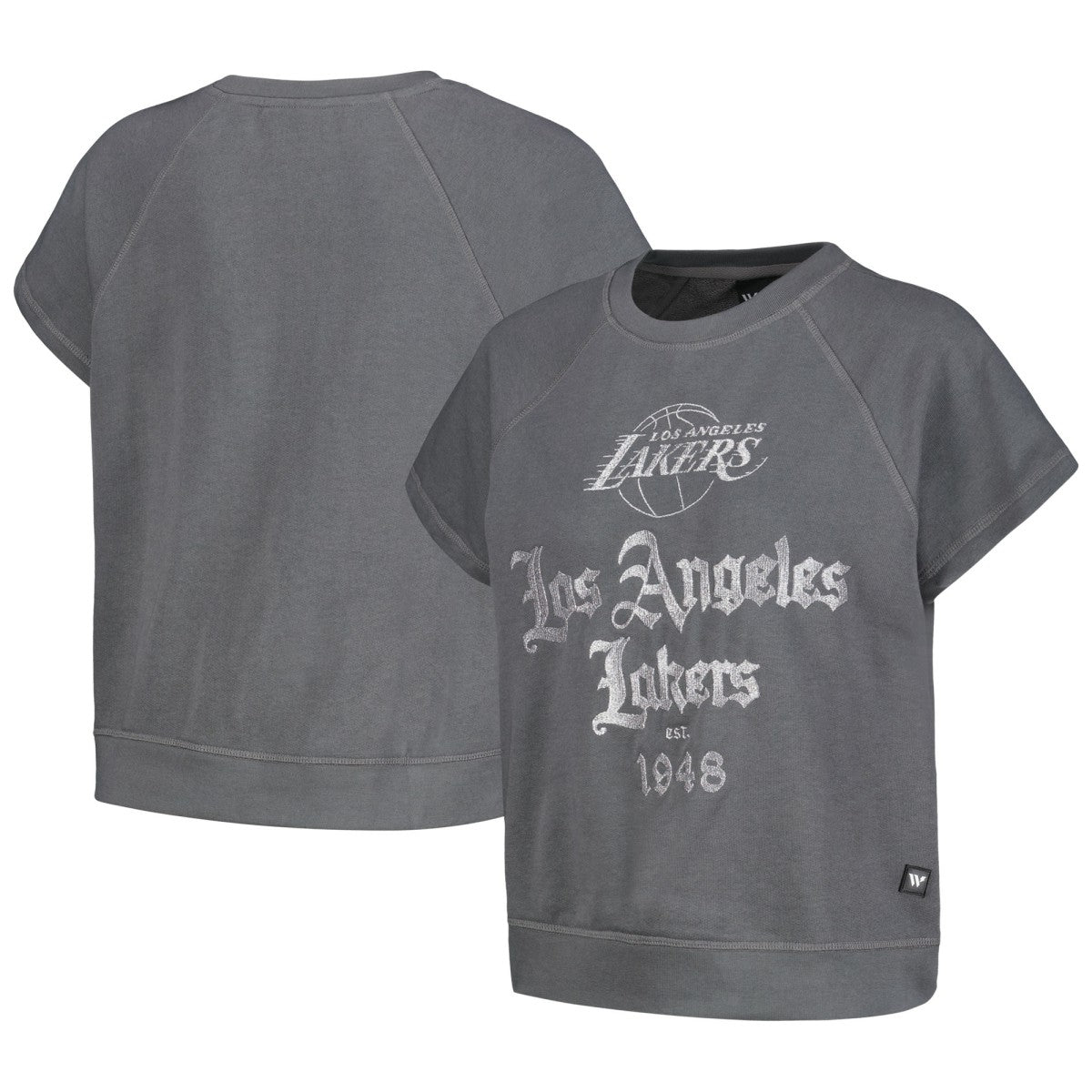 Gray Los Angeles Lakers The Wild Collective Women's Embroidered Fleece Raglan Short Sleeve Pullover Sweatshirt | NBA