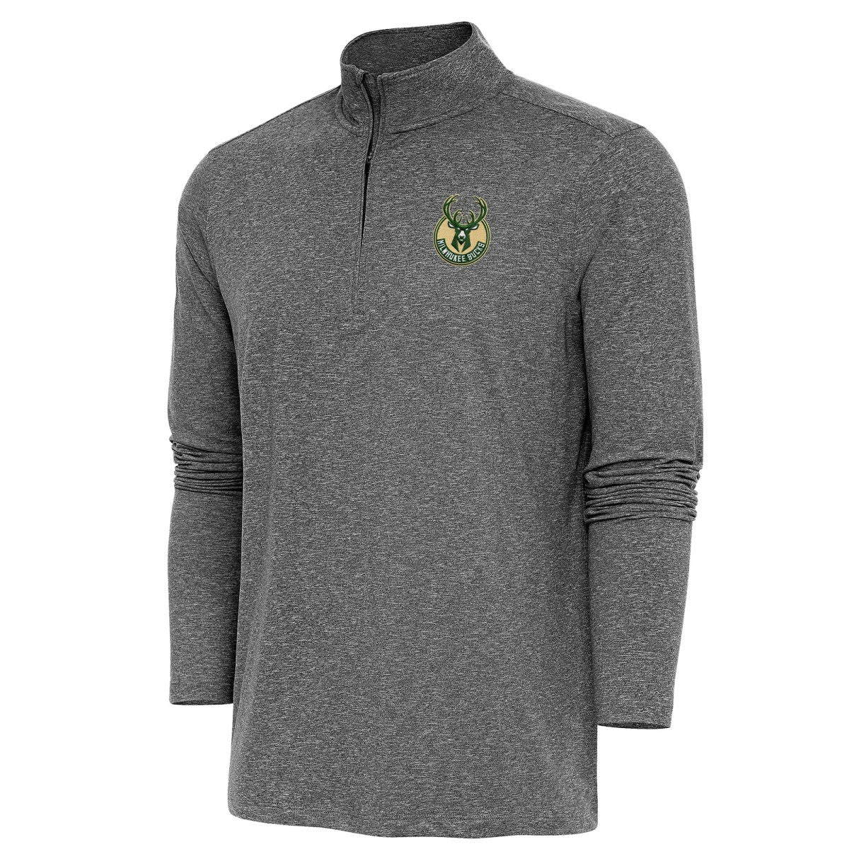 Heather Black Milwaukee Bucks Antigua Hunk Quarter-Zip Pullover Top | NBA
