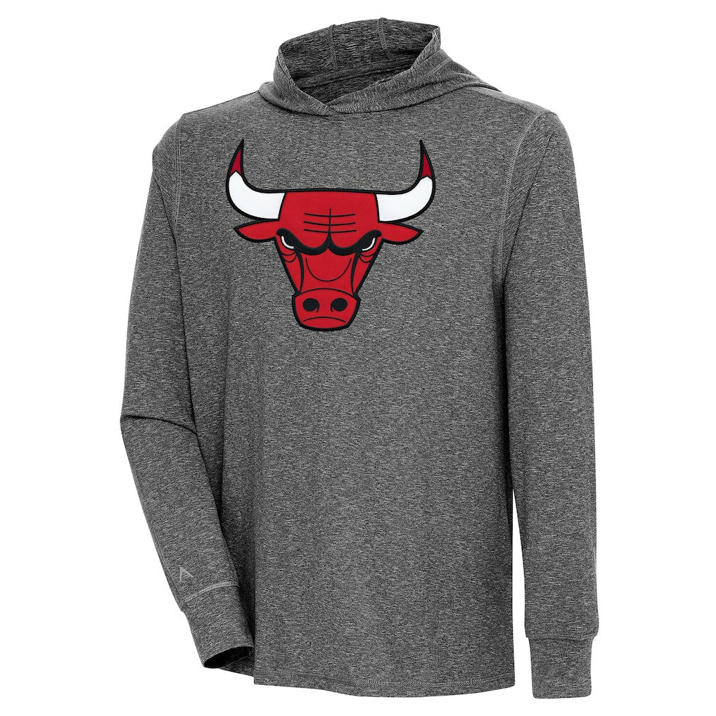 Heather Black Chicago Bulls Antigua Saga Long Sleeve Hoodie T-Shirt | NBA