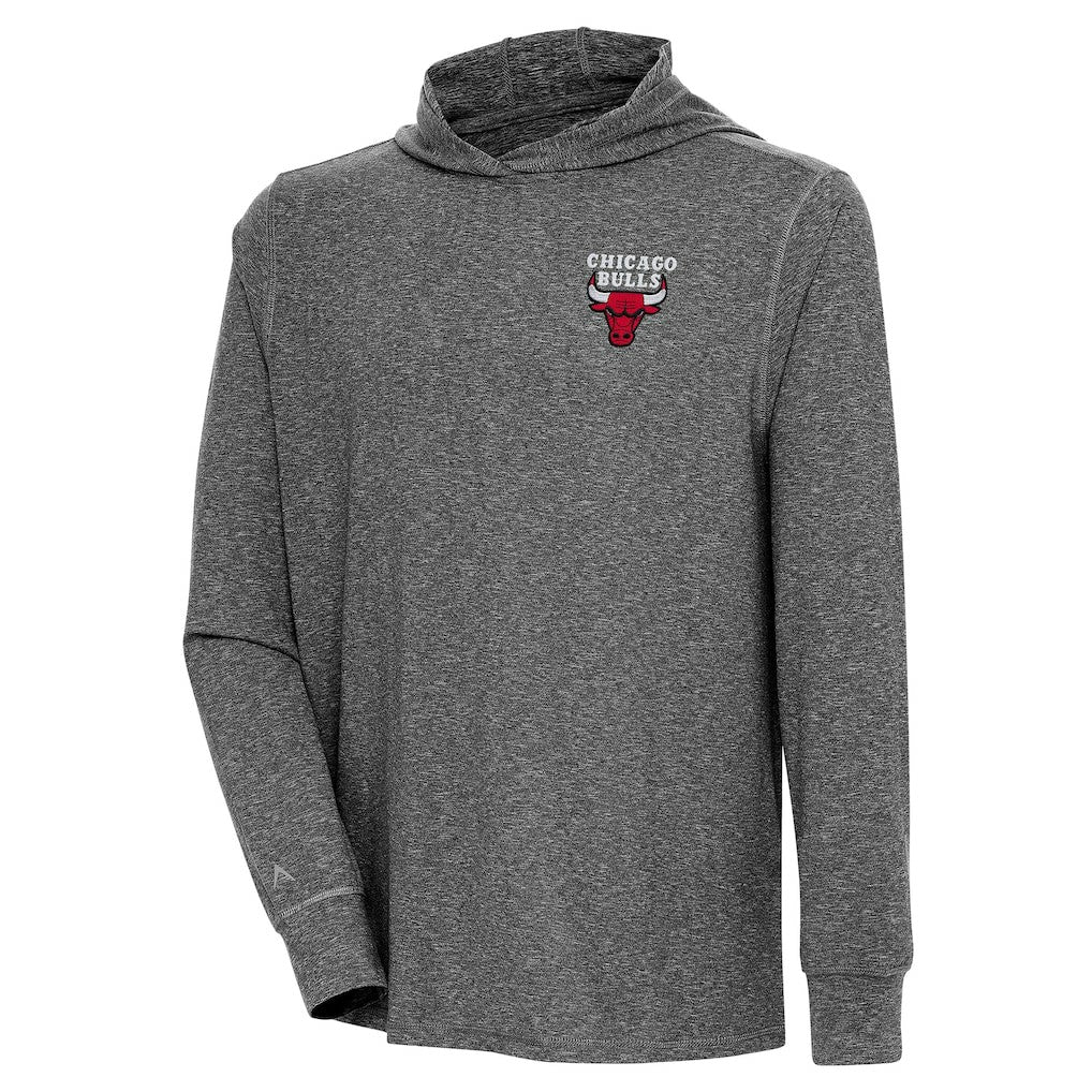 Heather Black Chicago Bulls Antigua Saga Long Sleeve Hoodie T-Shirt | NBA