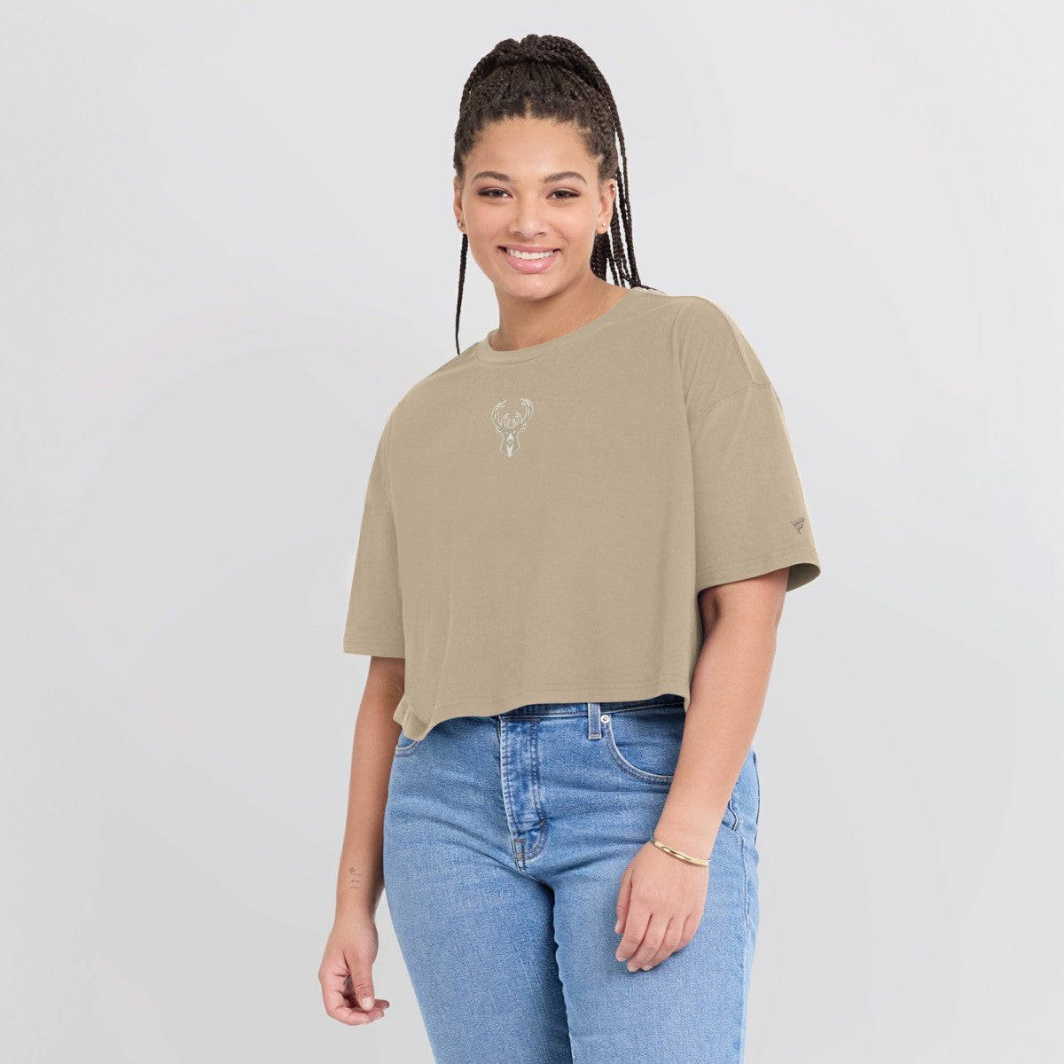 Khaki Milwaukee Bucks Women's Elements Super Soft Boxy Cropped T-Shirt | NBA