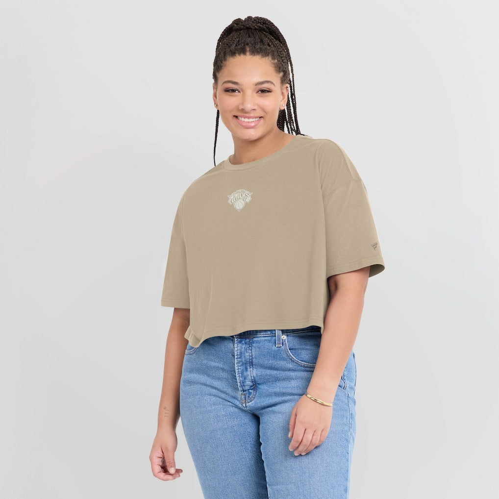 Khaki New York Knicks Women's Elements Super Soft Boxy Cropped T-Shirt | NBA