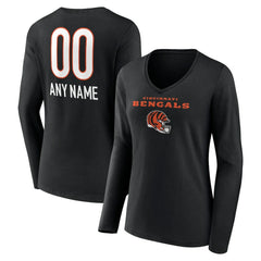 Cincinnati Bengals Women's Personalized Name & Number Team Wordmark Long Sleeve V-Neck T-Shirt | NFL Outlet