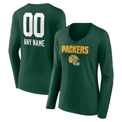 Green Bay Packers Women's Personalized Name & Number Team Wordmark Long Sleeve V-Neck T-Shirt | NFL On sale