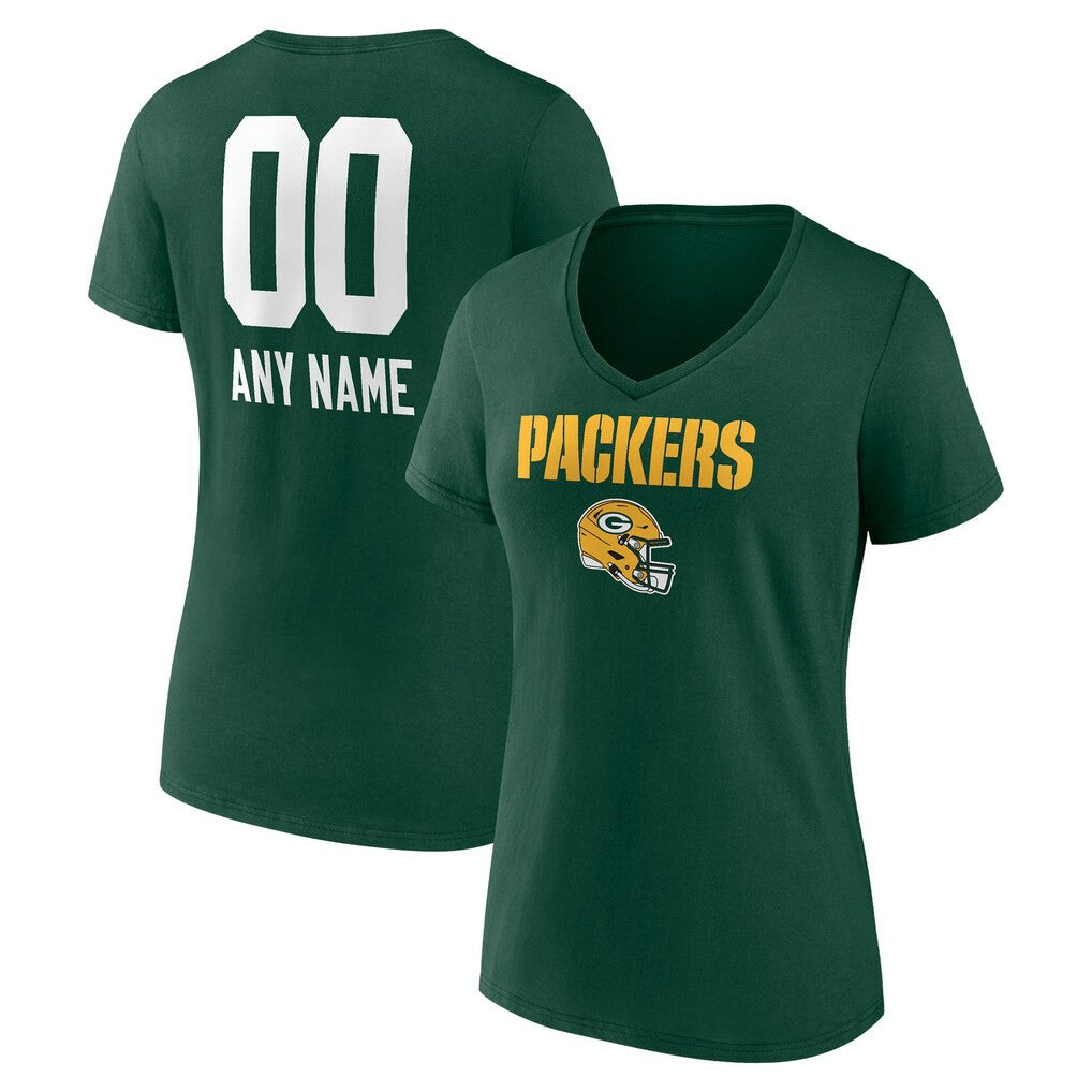 Green Bay Packers Women's Personalized Name & Number Team Wordmark V-Neck T-Shirt | NFL Sale