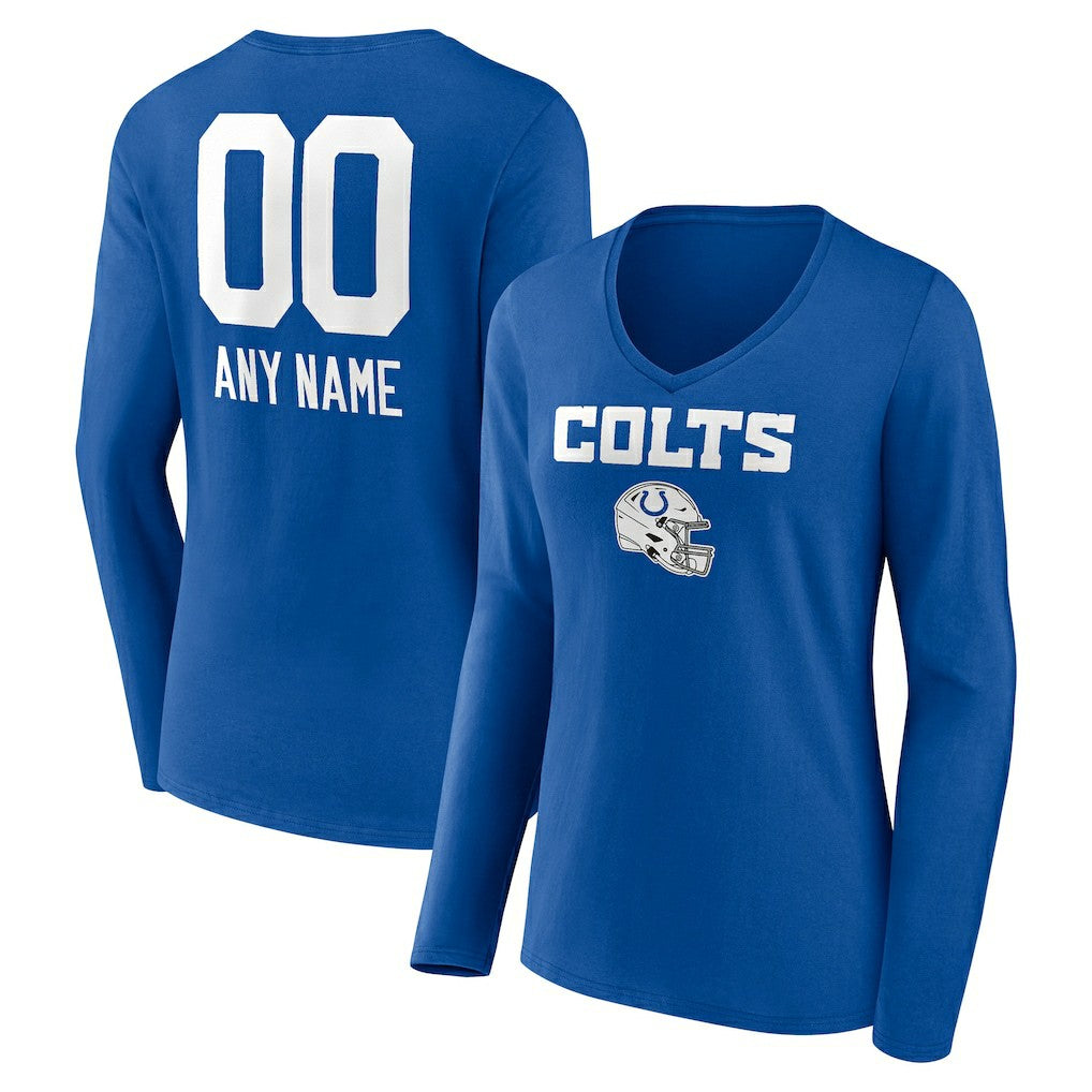 Indianapolis Colts Women's Personalized Name & Number Team Wordmark Long Sleeve V-Neck T-Shirt | NFL Sale