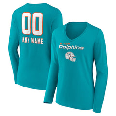 Miami Dolphins Women's Personalized Name & Number Team Wordmark Long Sleeve V-Neck T-Shirt | NFL Outlet