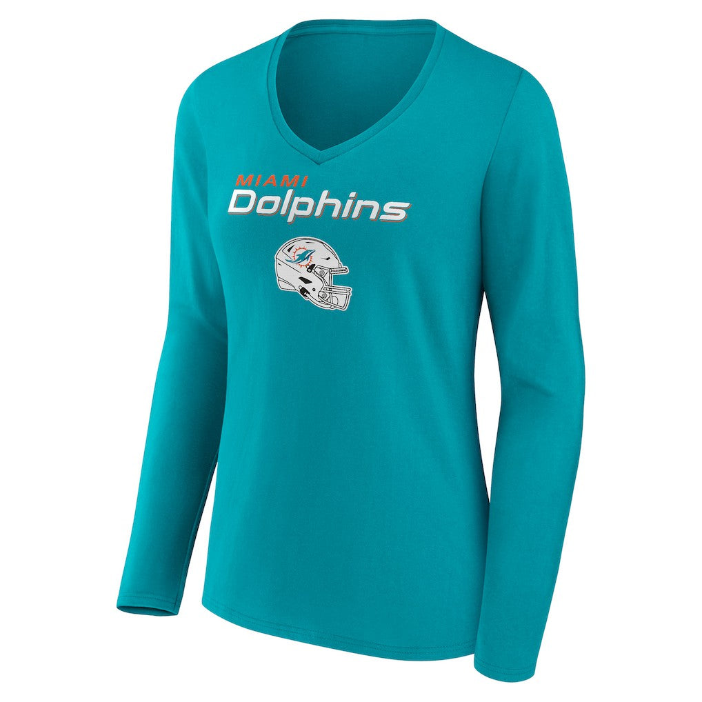 Miami Dolphins Women's Personalized Name & Number Team Wordmark Long Sleeve V-Neck T-Shirt | NFL Outlet