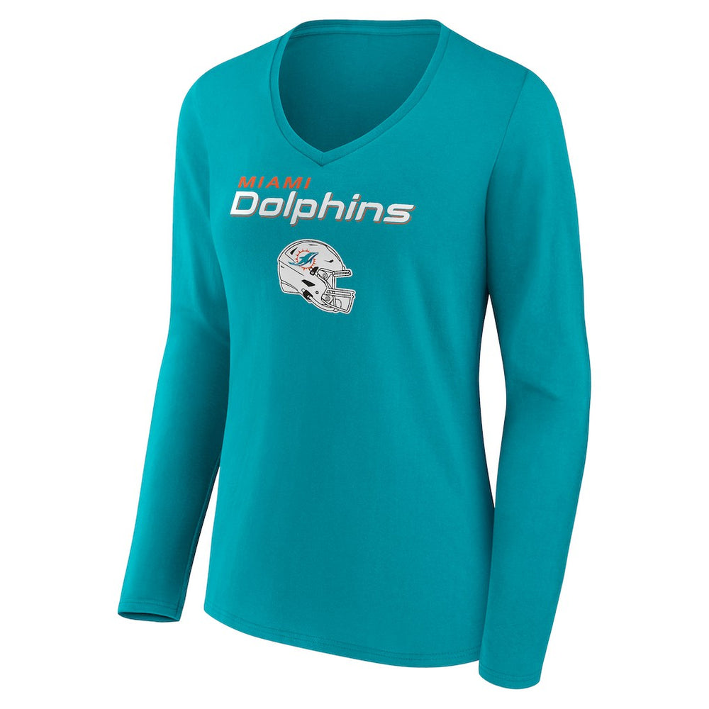 Miami Dolphins Women's Personalized Name & Number Team Wordmark Long Sleeve V-Neck T-Shirt | NFL Outlet