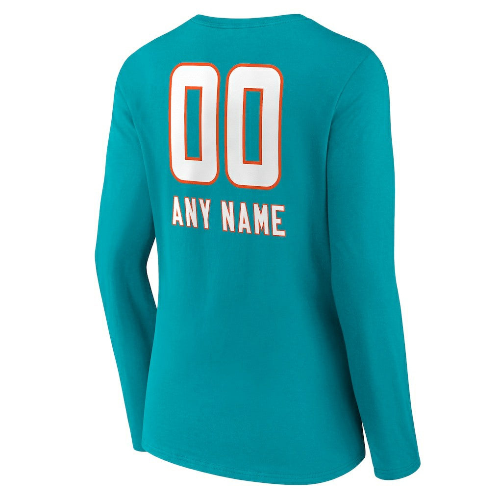Miami Dolphins Women's Personalized Name & Number Team Wordmark Long Sleeve V-Neck T-Shirt | NFL Outlet