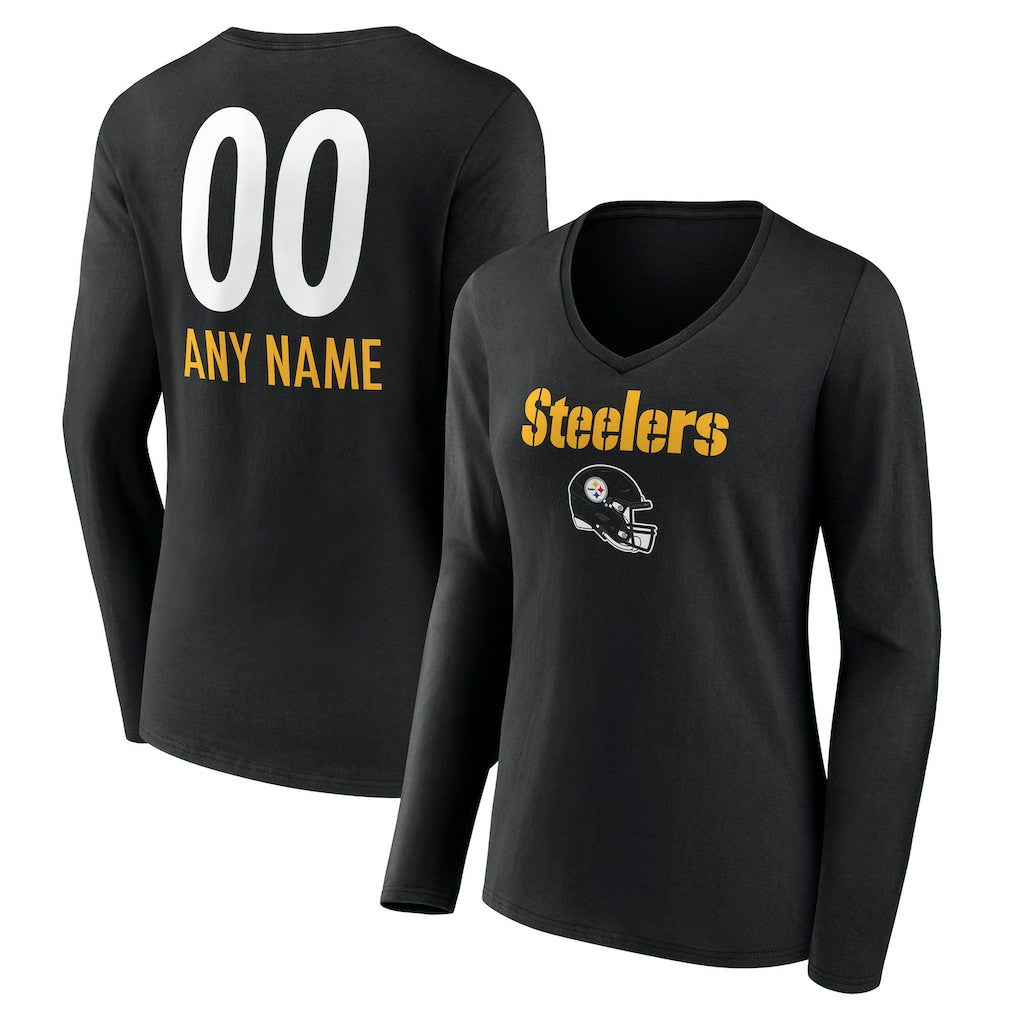 Pittsburgh Steelers Women's Personalized Name & Number Team Wordmark Long Sleeve V-Neck T-Shirt | NFL Sale