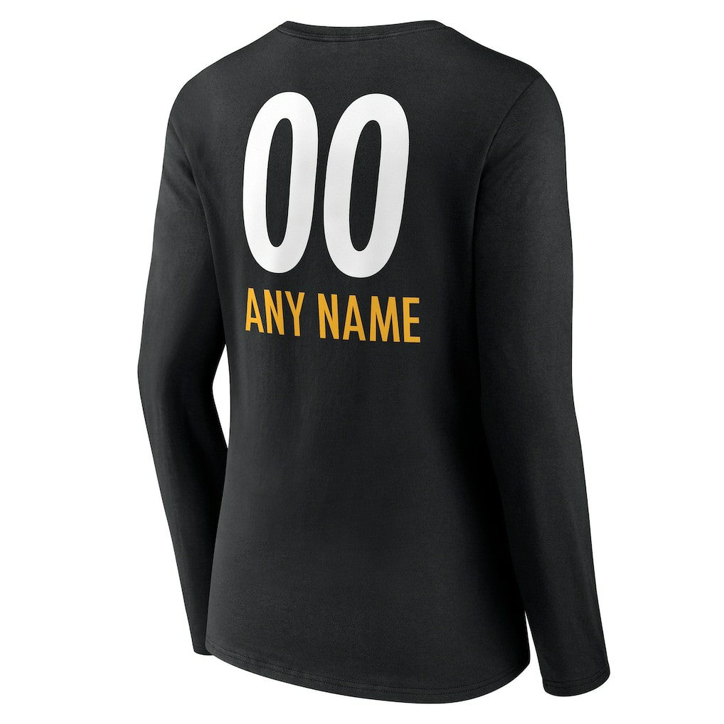 Pittsburgh Steelers Women's Personalized Name & Number Team Wordmark Long Sleeve V-Neck T-Shirt | NFL Sale