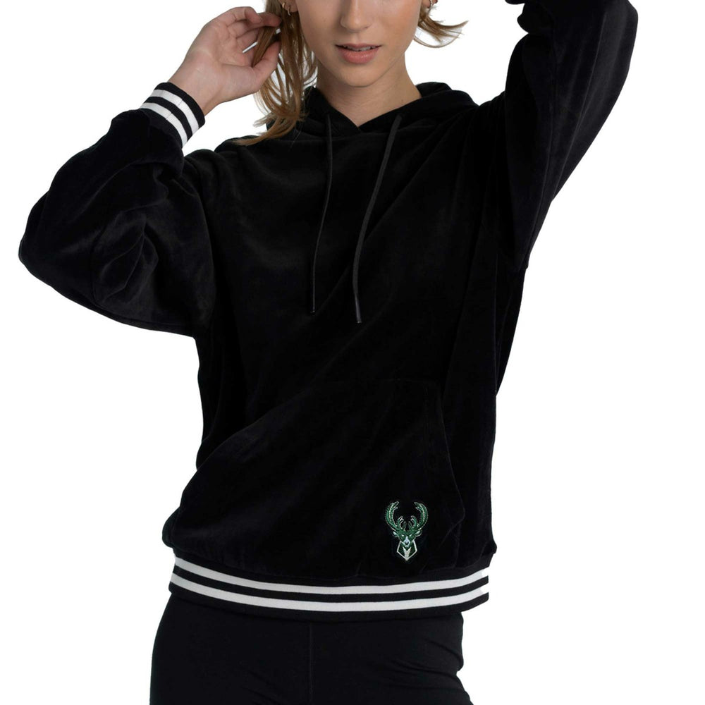 Black Milwaukee Bucks Lusso Women's Nellie Oversized Velour Pullover Hoodie | NBA