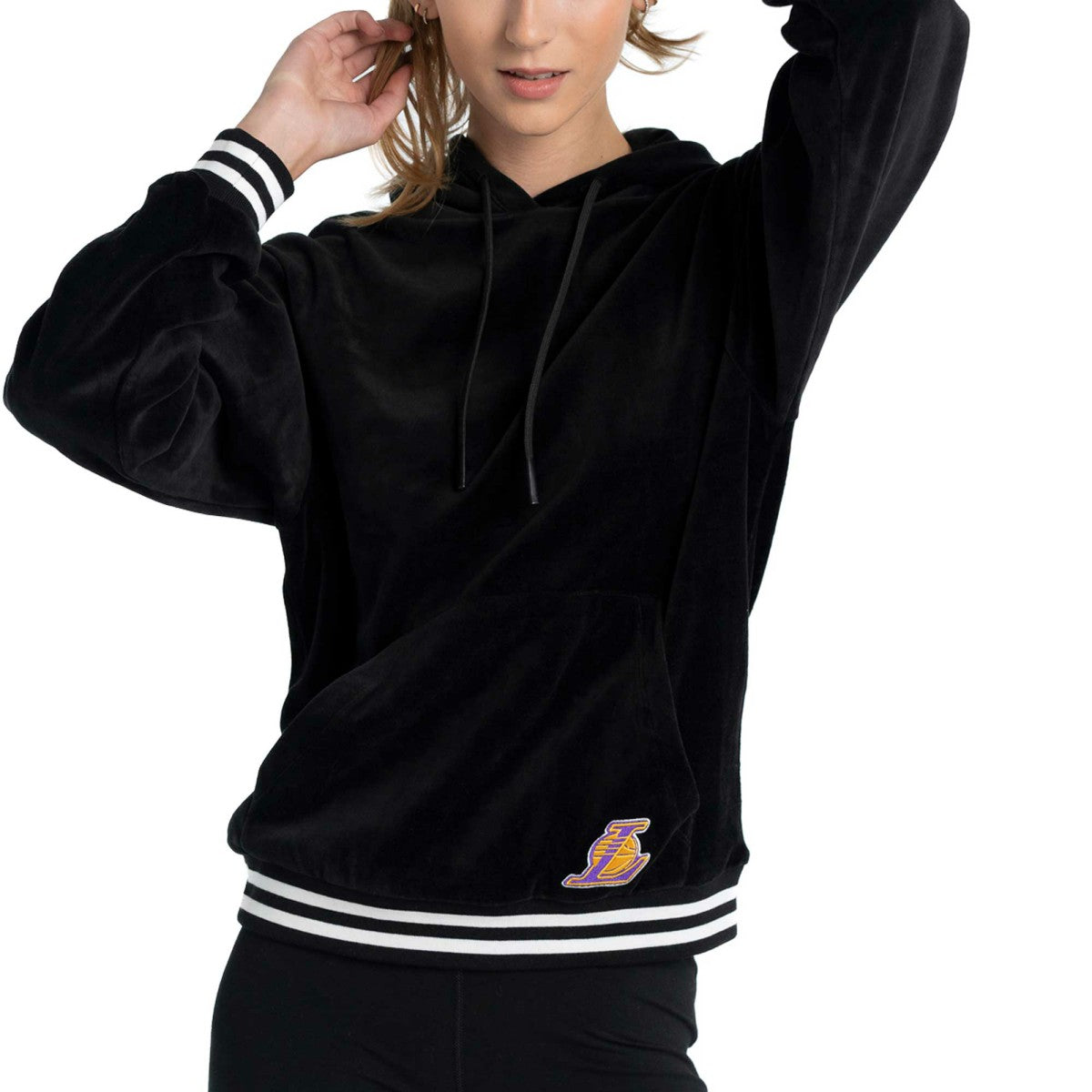 Black Los Angeles Lakers Lusso Women's Nellie Oversized Velour Pullover Hoodie | NBA
