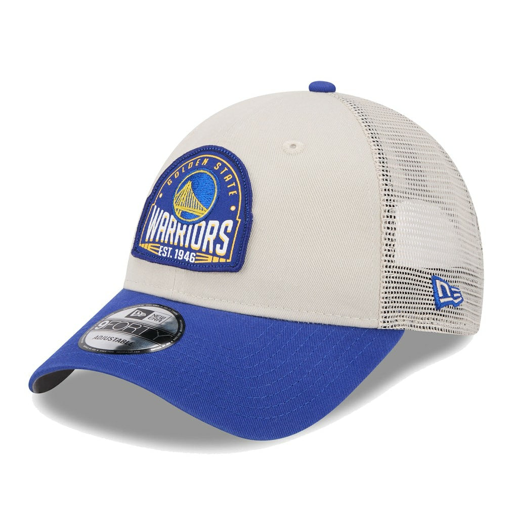 Khaki/Royal Golden State Warriors Throwback Patch Trucker 9FORTY Adjustable Hat sale | NBA