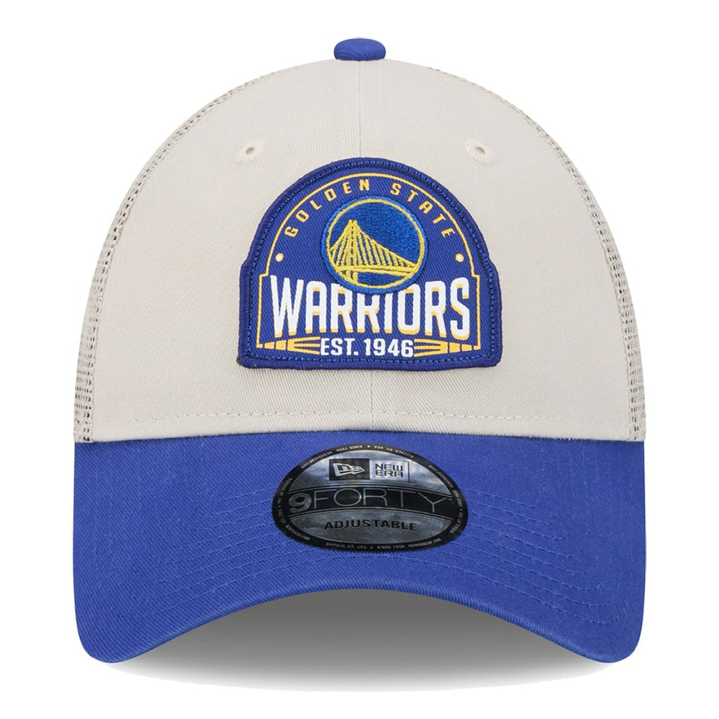 Khaki/Royal Golden State Warriors Throwback Patch Trucker 9FORTY Adjustable Hat sale | NBA