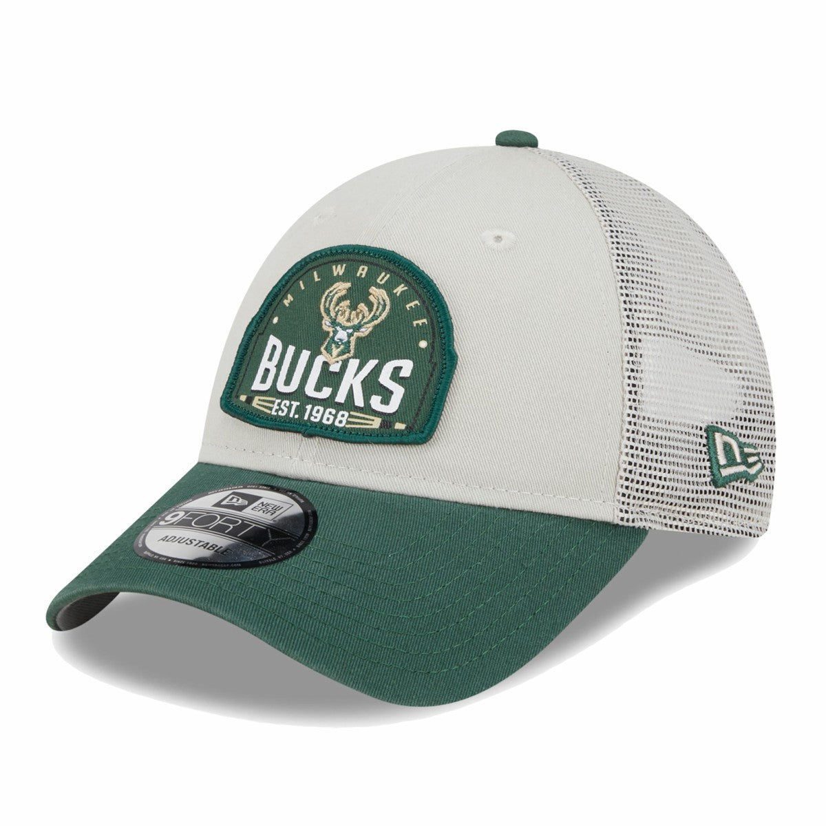 Khaki/Hunter Green Milwaukee Bucks Throwback Patch Trucker 9FORTY Adjustable Hat | NBA