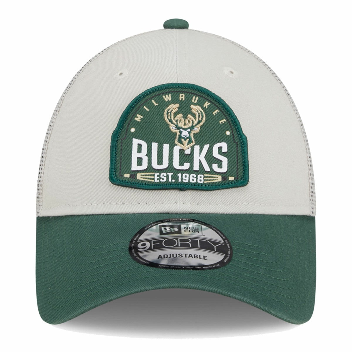 Khaki/Hunter Green Milwaukee Bucks Throwback Patch Trucker 9FORTY Adjustable Hat | NBA
